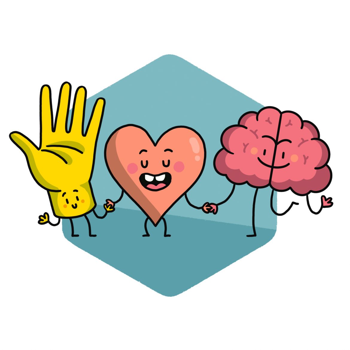 Eine Hand, ein Herz und ein Gehirn – alle drei als lebendige Figuren dargstellt – stehen Hand in Hand nebeneinander. Titel: Ein starkes Team!